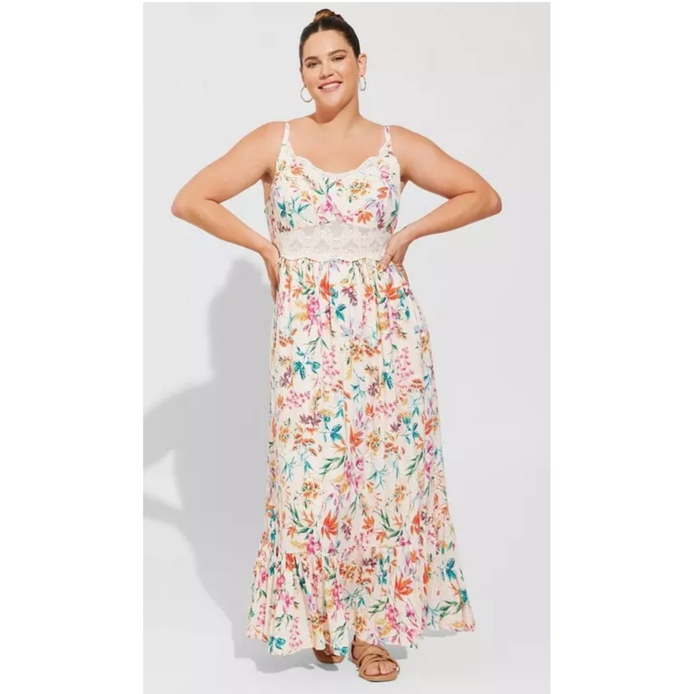 TORRID Floral Lace Insert Tiered Maxi Dress Sleeveless Boho Multicolor Sz 3 3X